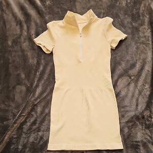 OQQ Cream Zip Short Sleeve Mini Dress